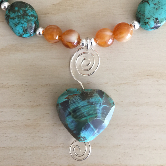 Turquoise, Amber, Pearl, Silver Gemstone Necklace - Picture 4 of 8